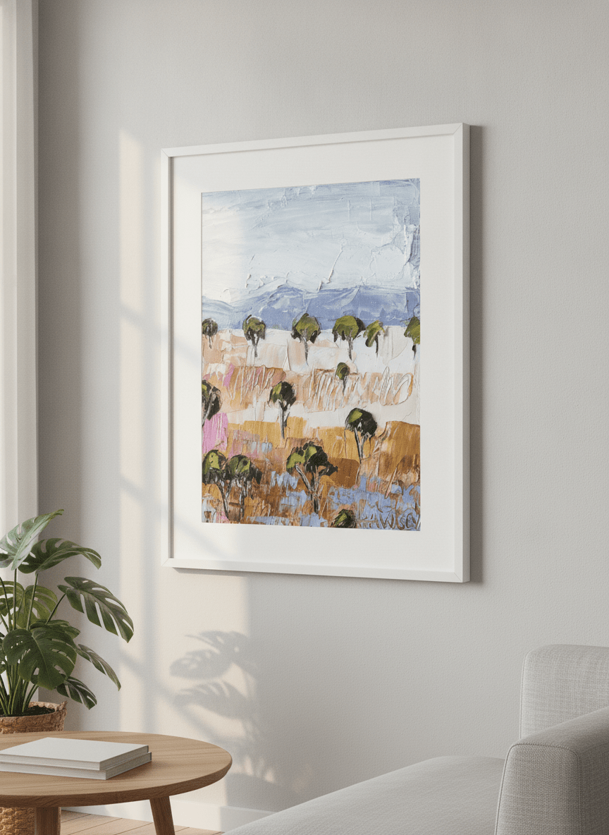Modern wall art styled above a sofa in a neutral living room