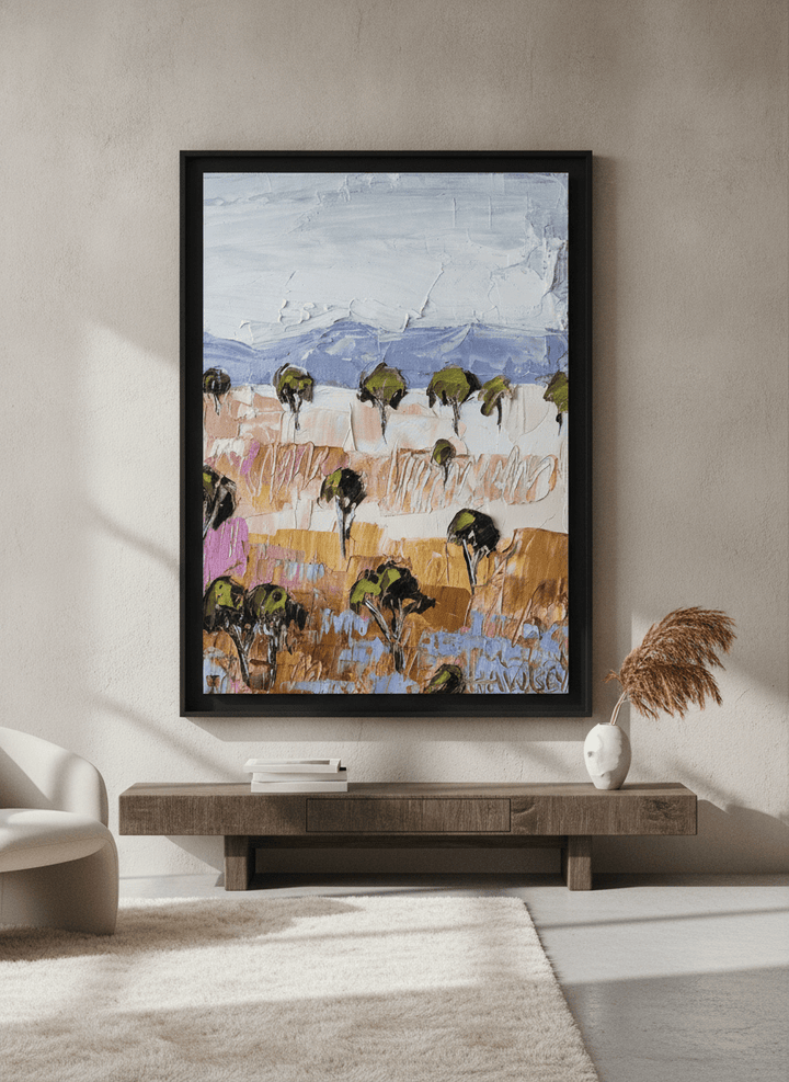 Monumental artwork centred on a feature wall in a luxe interior