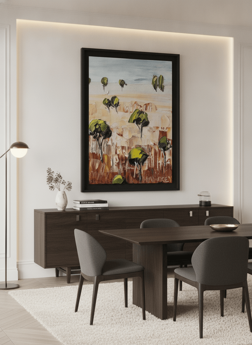 Monumental artwork centred on a feature wall in a luxe interior