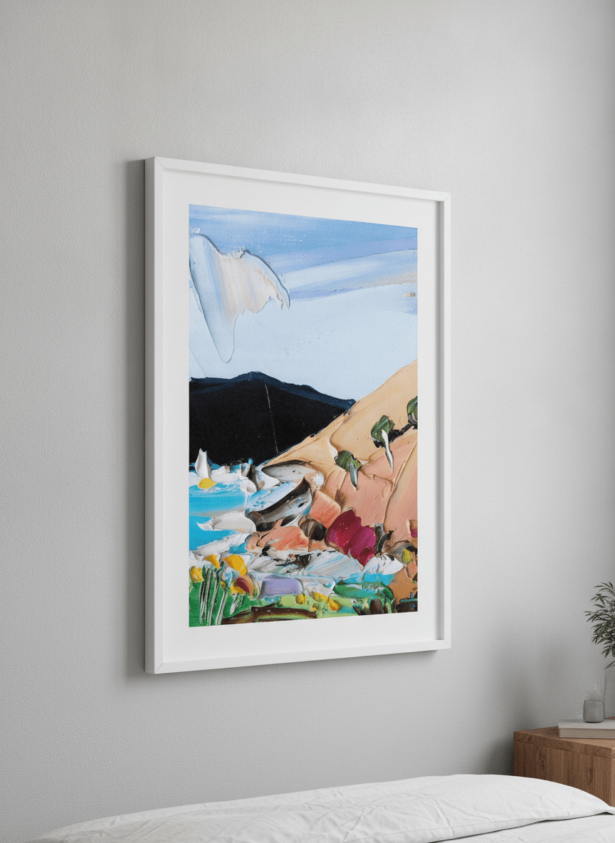 Minimalist artwork displayed in a calm, light-filled bedroom interior