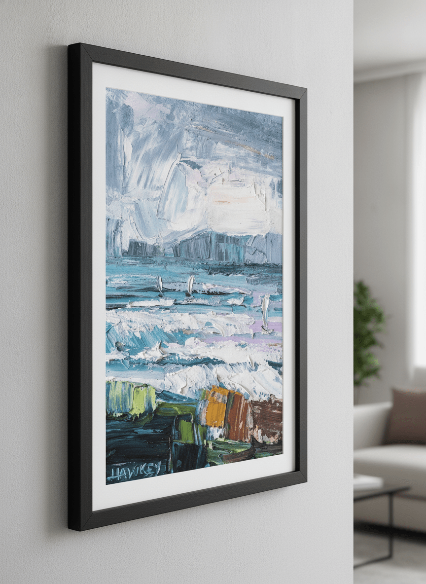 Modern wall art styled above a sofa in a neutral living room