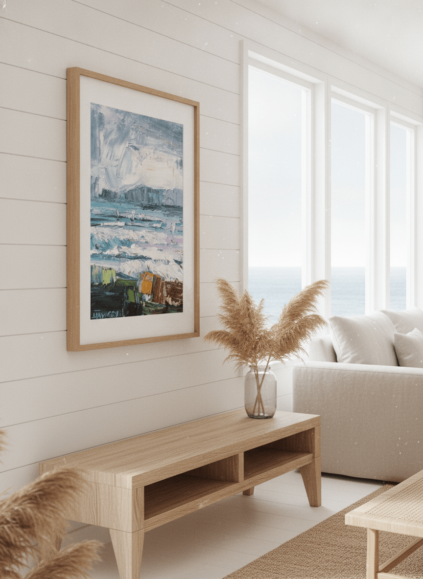 Neutral wall art displayed in a sunny coastal beach house