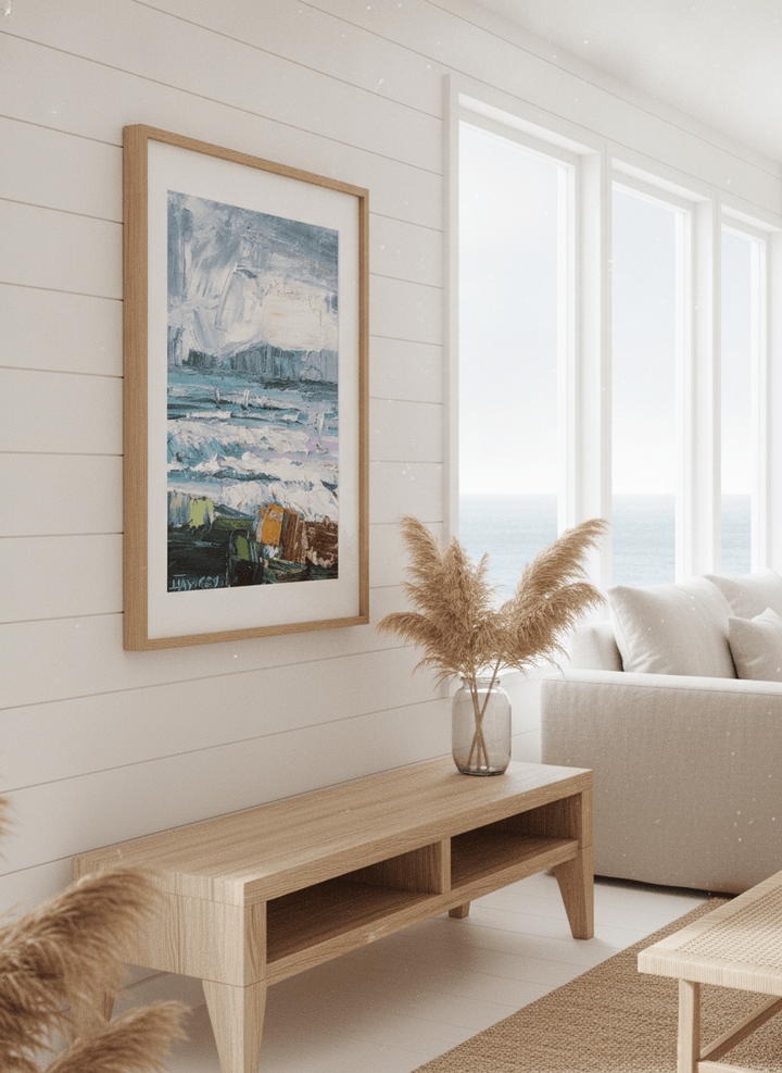 Neutral wall art displayed in a sunny coastal beach house