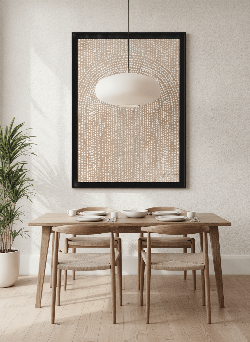 Wall art styled above a dining table in a contemporary home