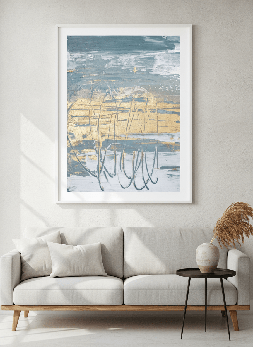 Modern wall art styled above a sofa in a neutral living room