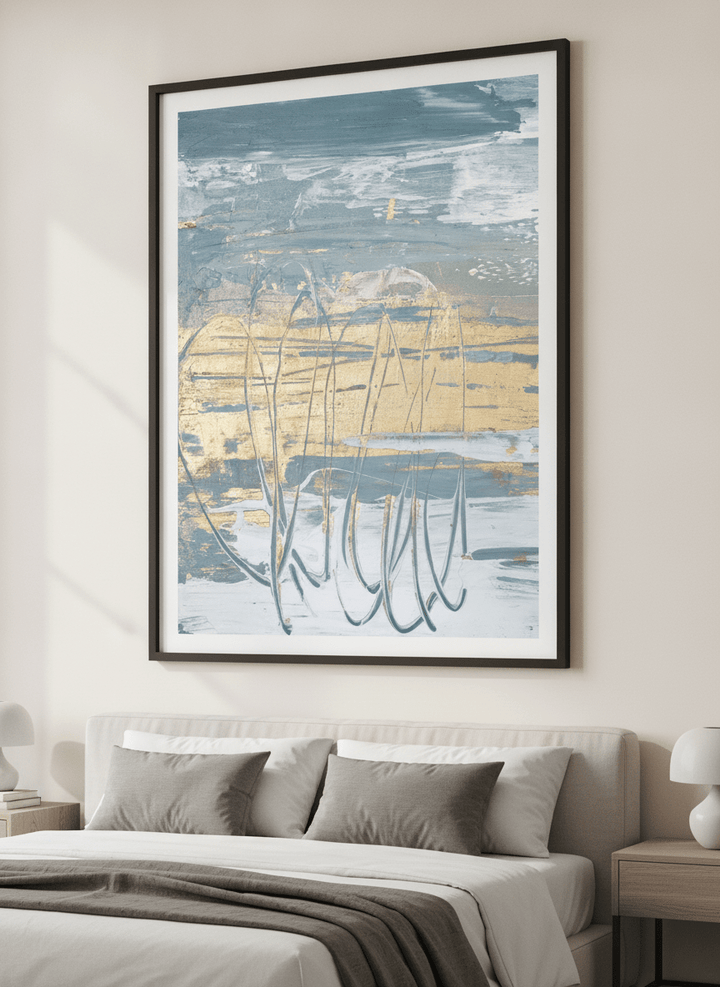Minimalist artwork displayed in a calm, light-filled bedroom interior