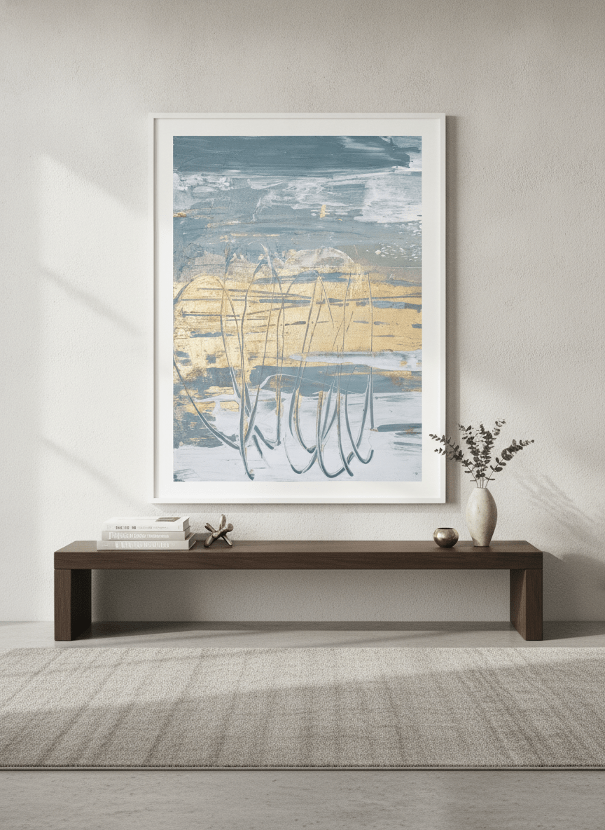 Monumental artwork centred on a feature wall in a luxe interior