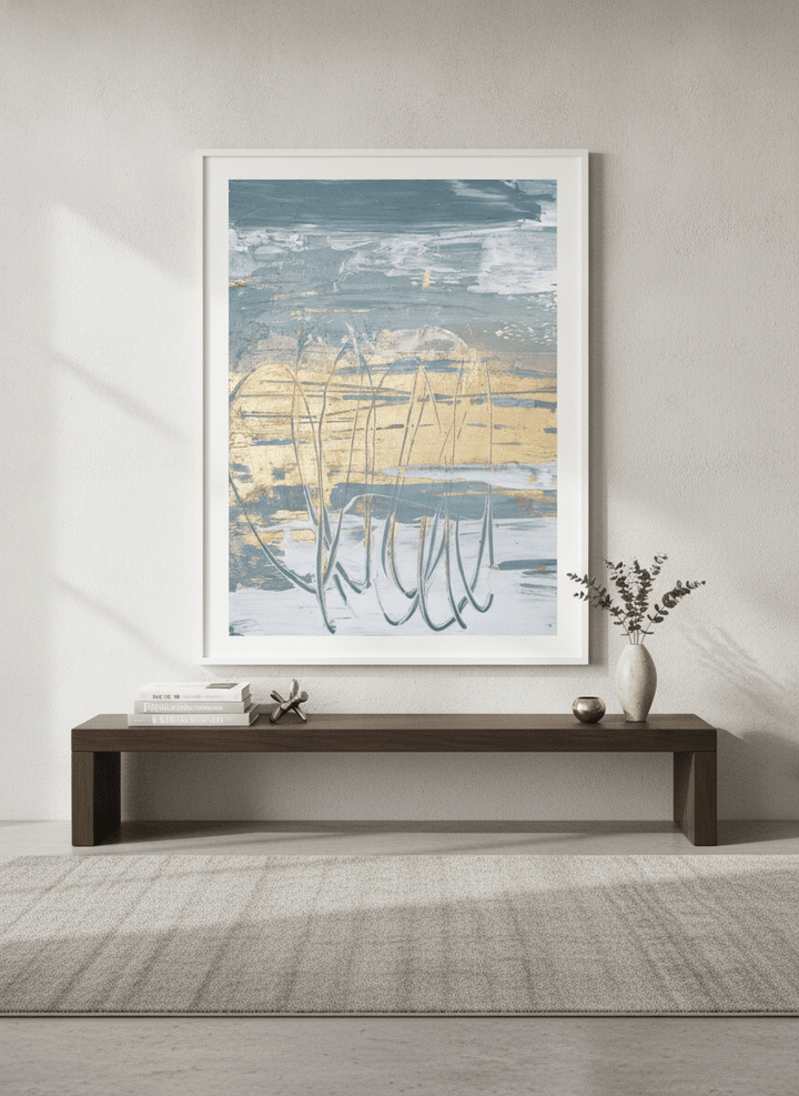 Monumental artwork centred on a feature wall in a luxe interior