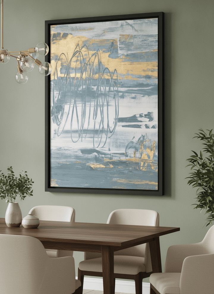Wall art styled above a dining table in a contemporary home