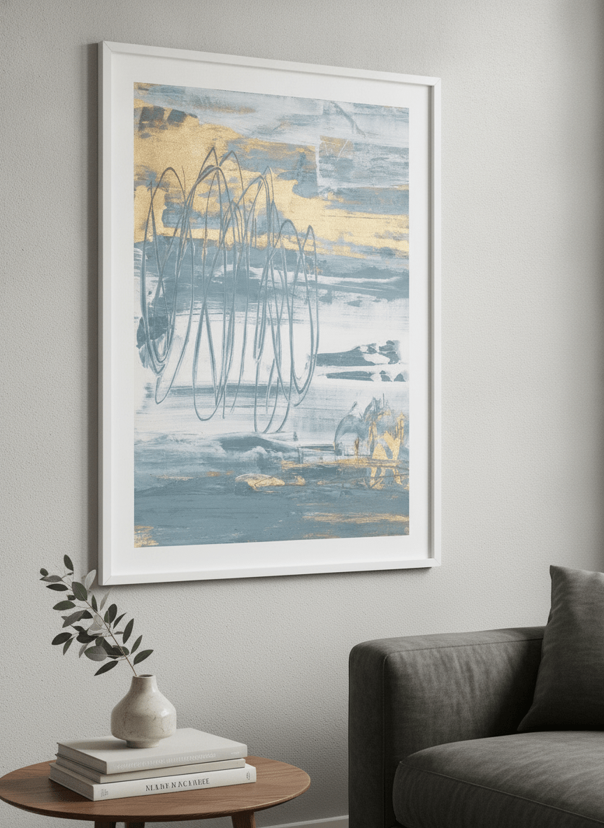 Modern wall art styled above a sofa in a neutral living room
