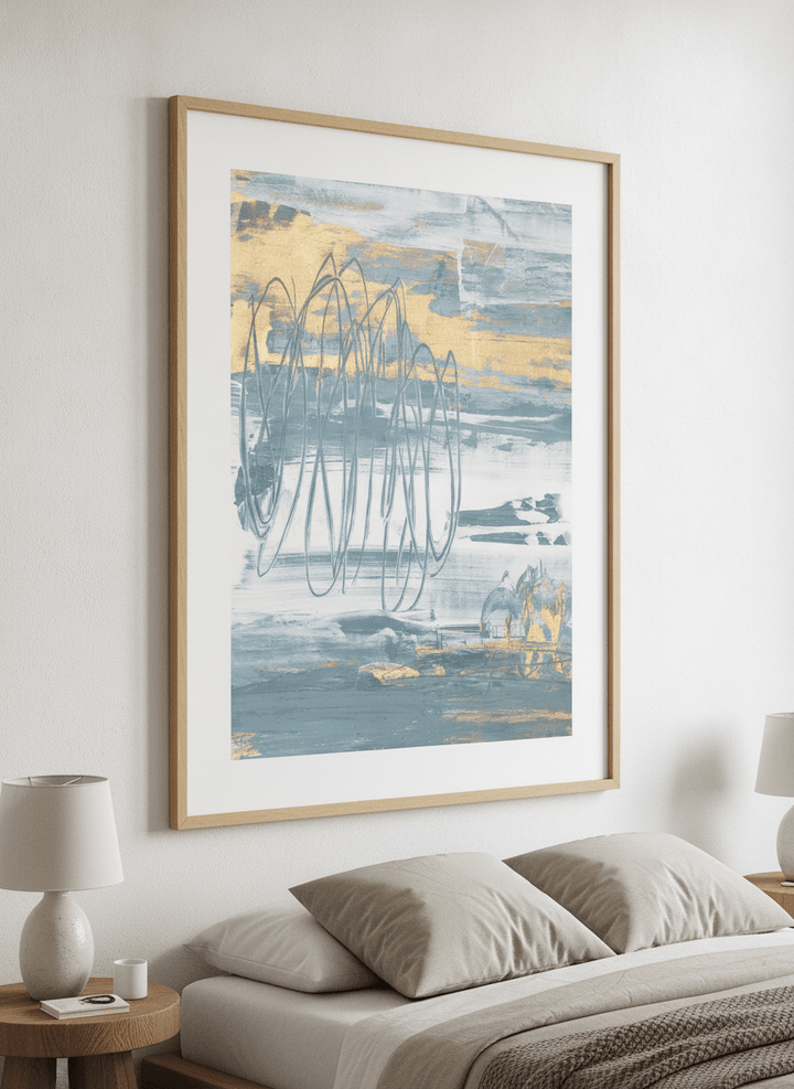 Minimalist artwork displayed in a calm, light-filled bedroom interior