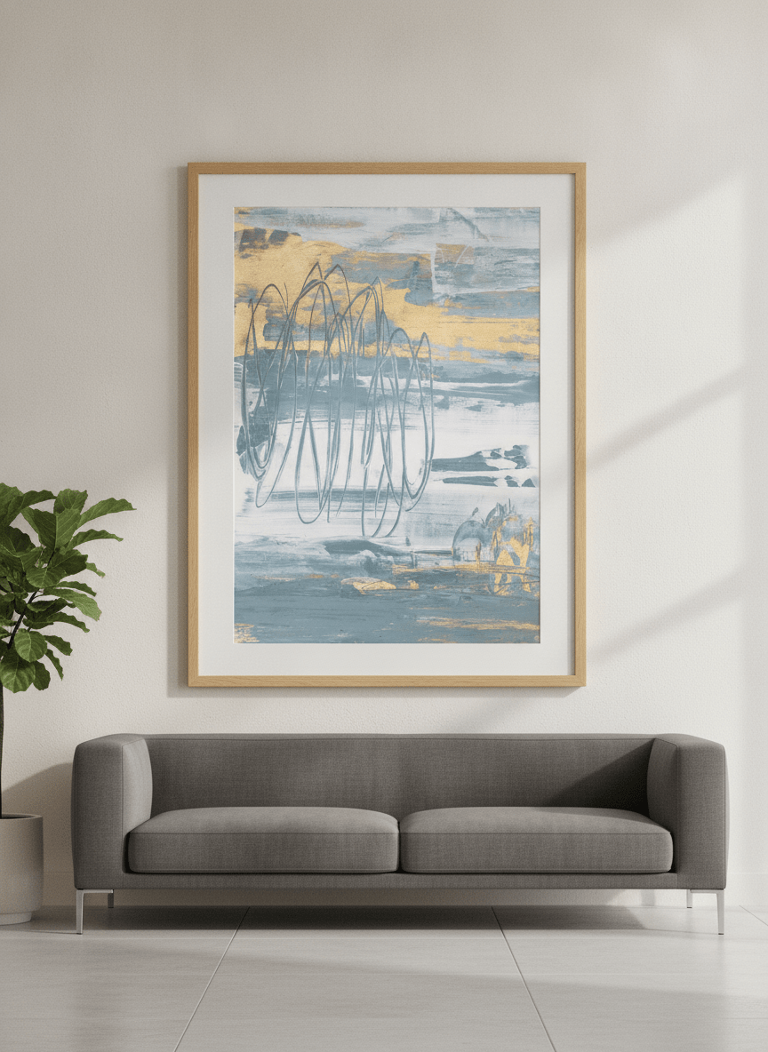 Modern wall art styled above a sofa in a neutral living room