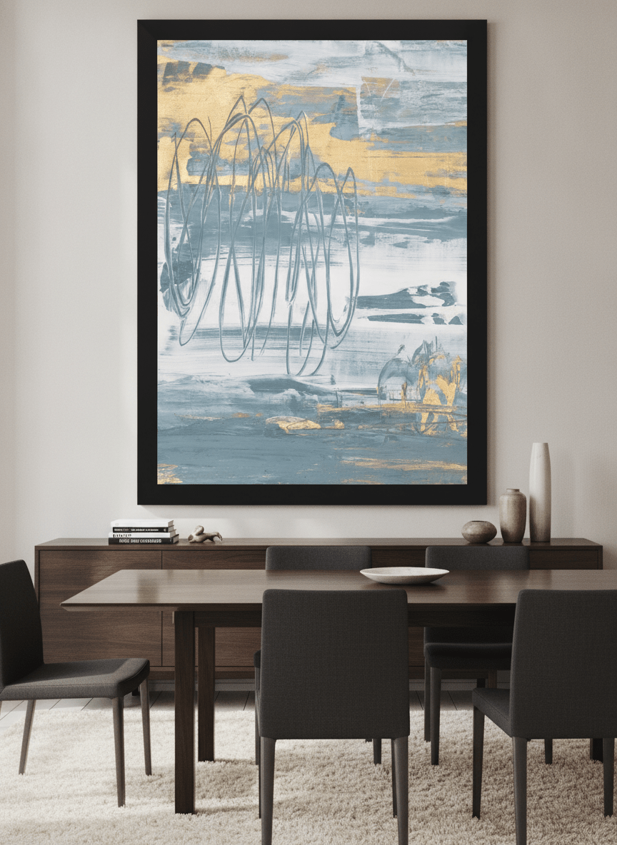 Monumental artwork centred on a feature wall in a luxe interior