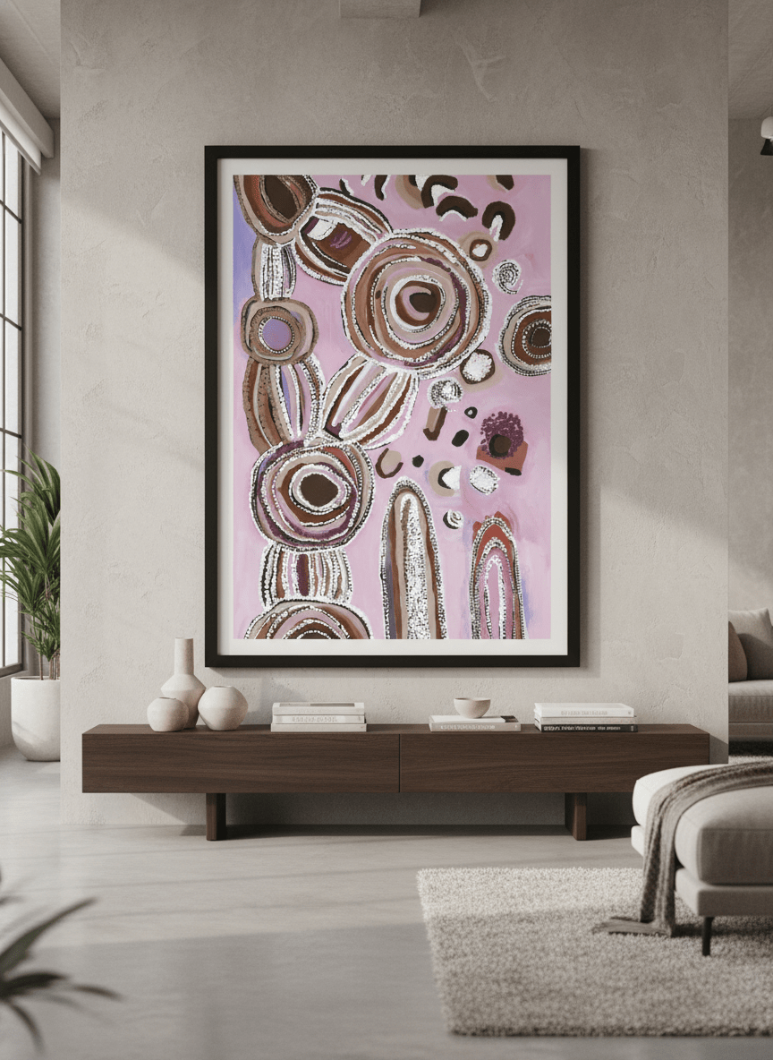 Monumental artwork centred on a feature wall in a luxe interior