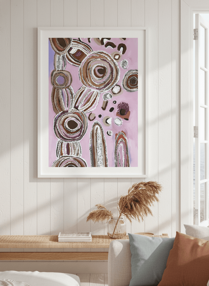 Neutral wall art displayed in a sunny coastal beach house