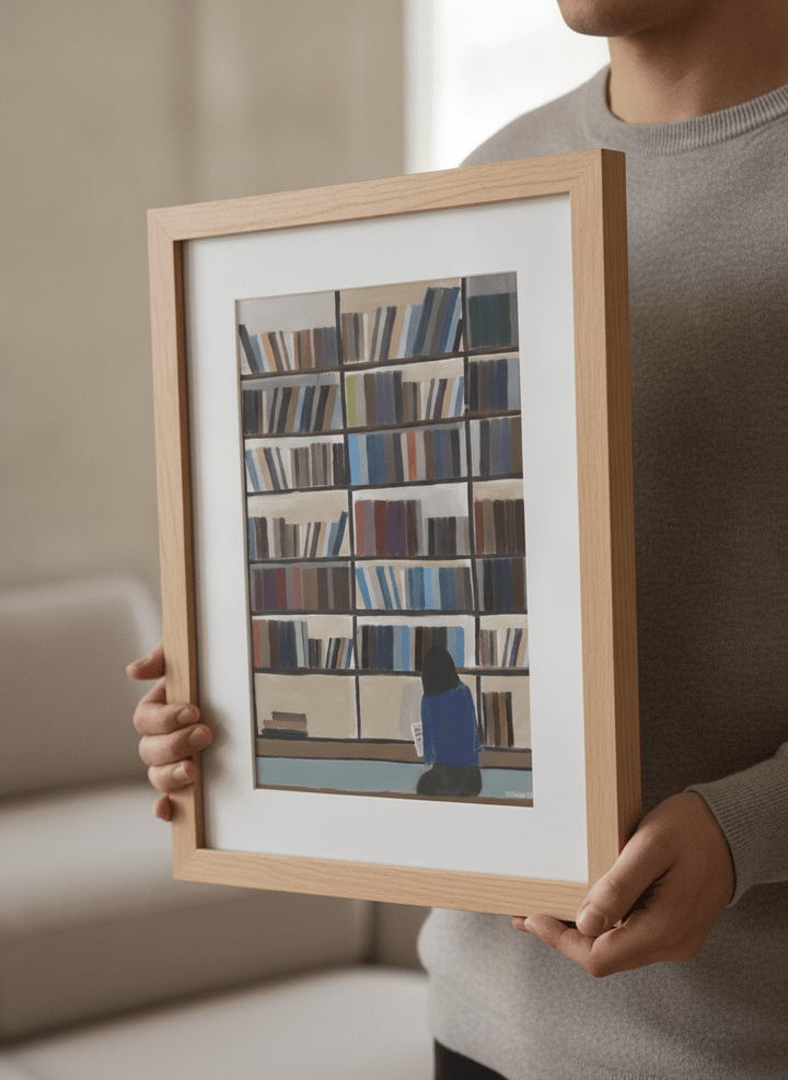Person showcasing the artwork against a clean modern interior wall