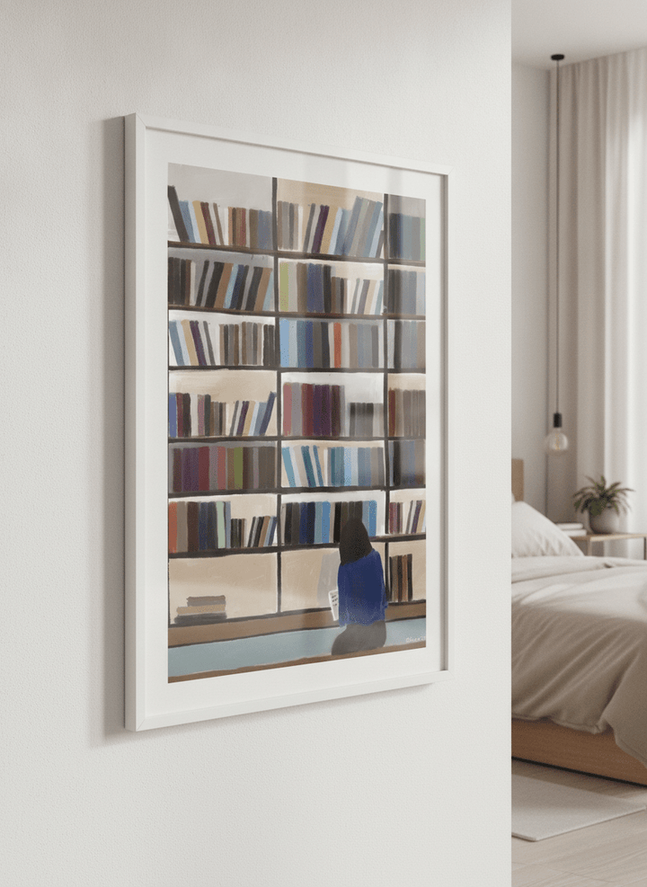 Minimalist artwork displayed in a calm, light-filled bedroom interior