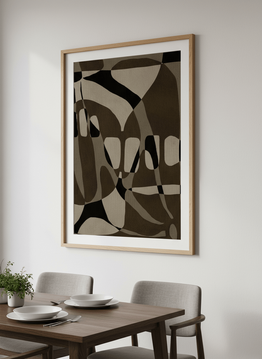 Wall art styled above a dining table in a contemporary home