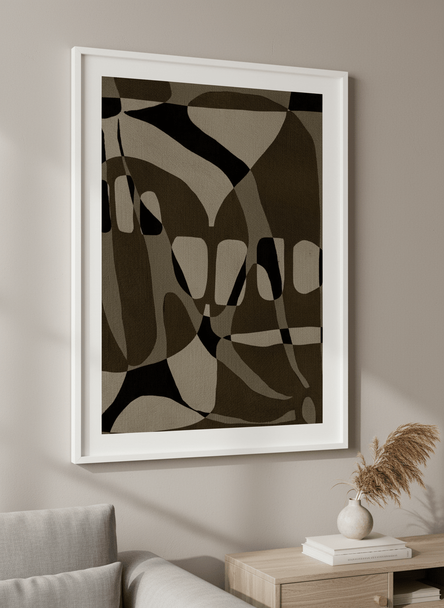 Modern wall art styled above a sofa in a neutral living room
