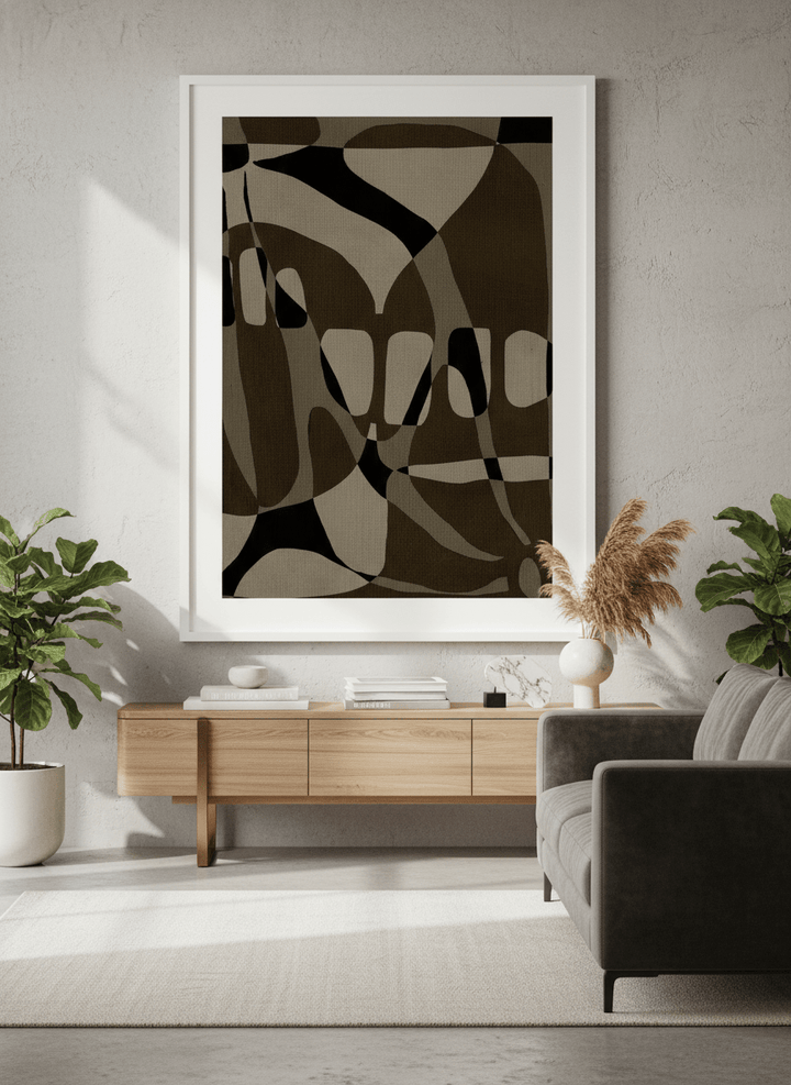 Monumental artwork centred on a feature wall in a luxe interior