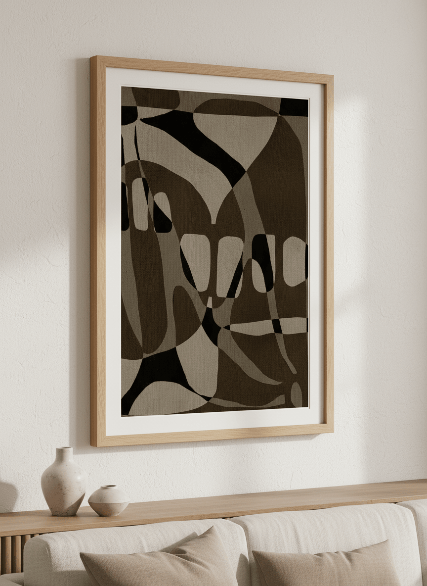 Modern wall art styled above a sofa in a neutral living room