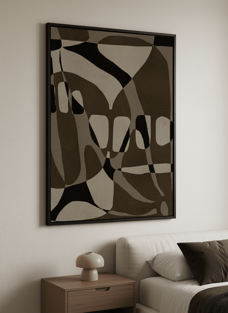Minimalist artwork displayed in a calm, light-filled bedroom interior