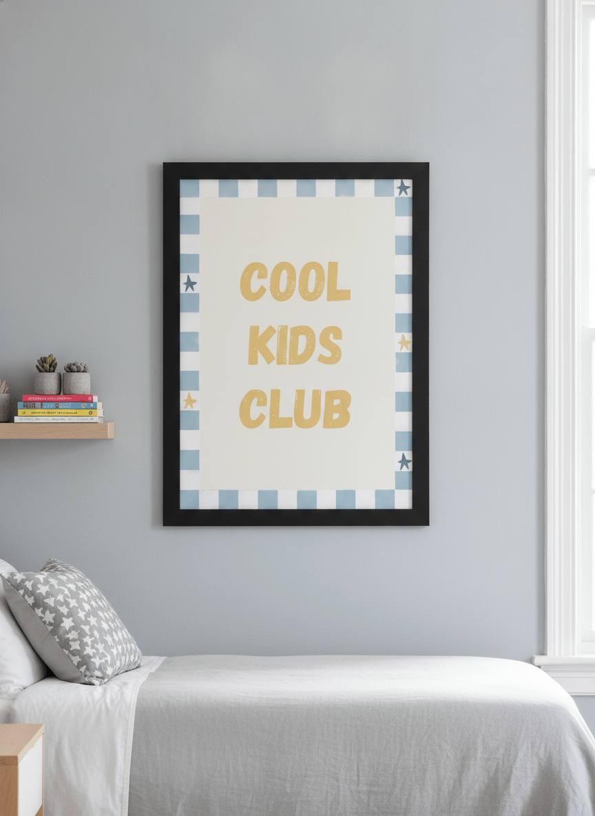 Minimalist artwork displayed in a calm, light-filled bedroom interior