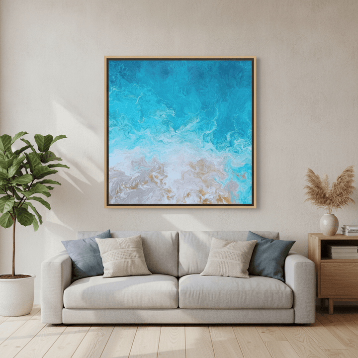 Oversized statement canvas wall art with a natural timber surround styled in a neutral living room