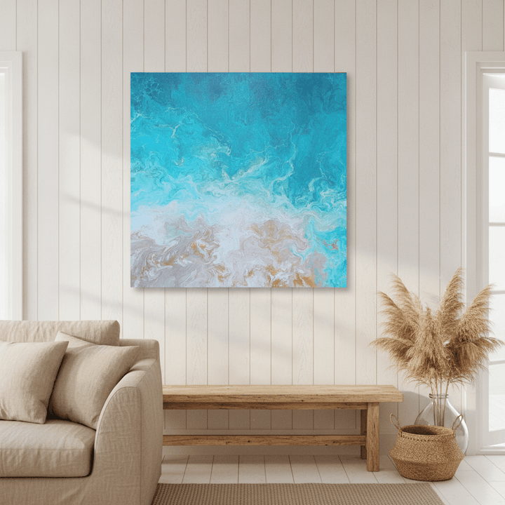 Stretched canvas wall art styled in a sunny coastal beach house