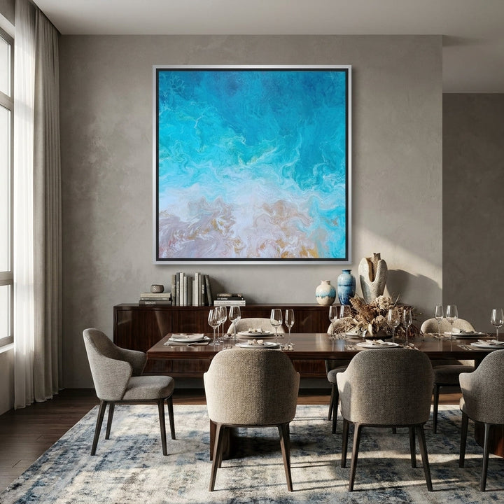 Oversized statement canvas wall art with a silver leaf surround styled in a luxe interior