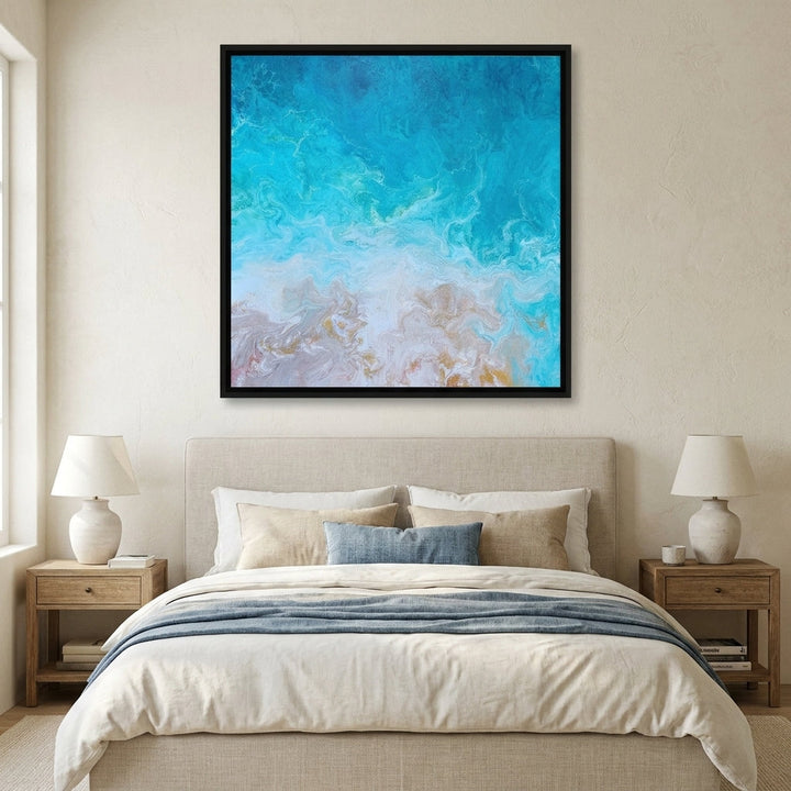 Canvas wall art with a black surround styled in a calm, light-filled bedroom