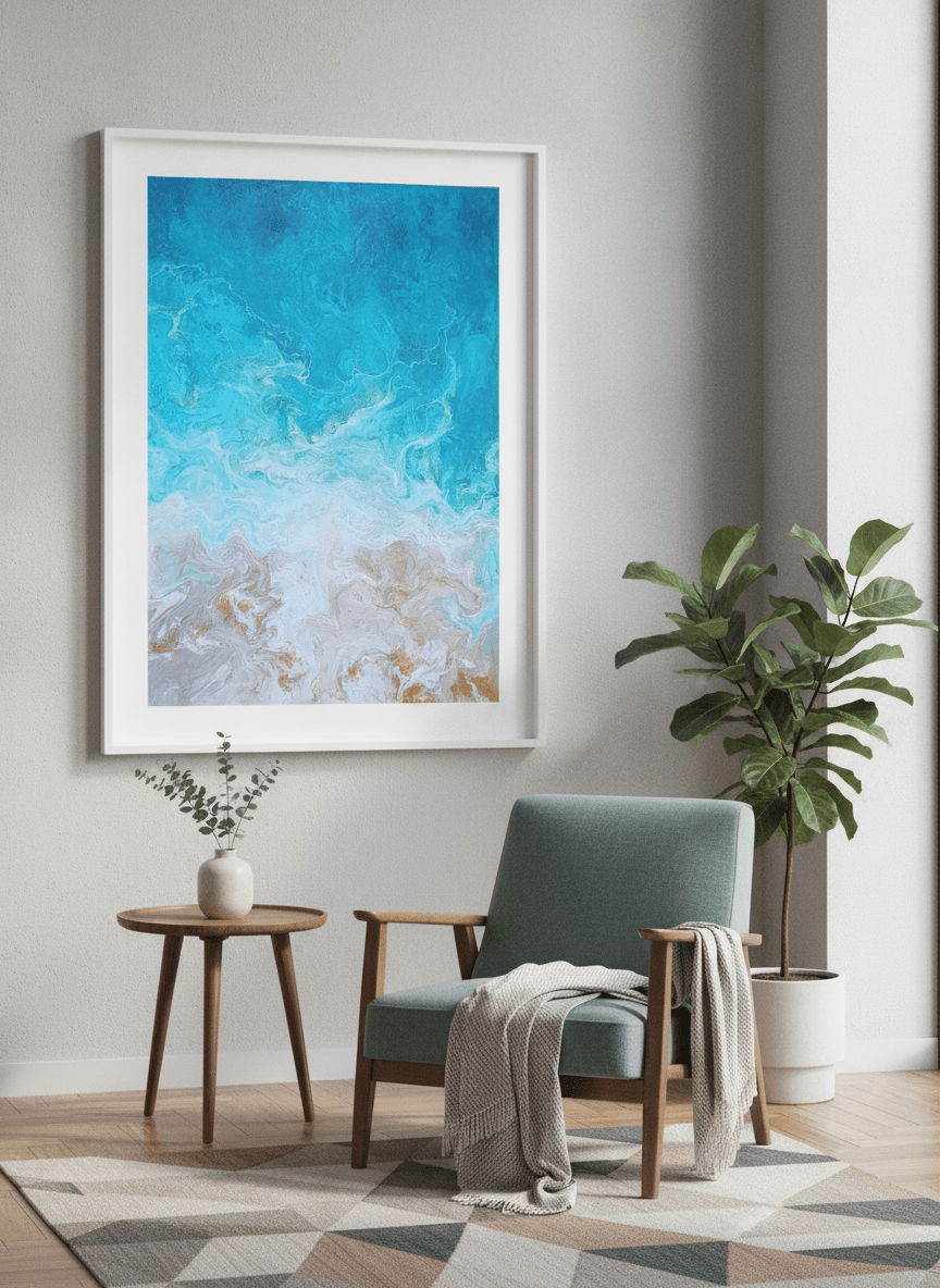 Modern wall art styled above a sofa in a neutral living room