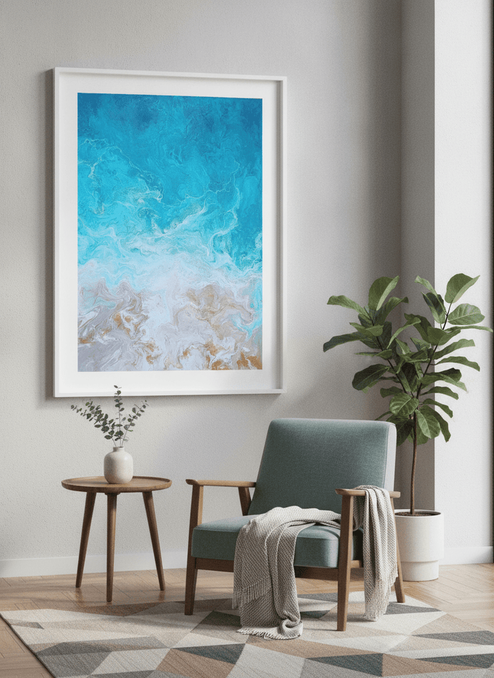 Modern wall art styled above a sofa in a neutral living room