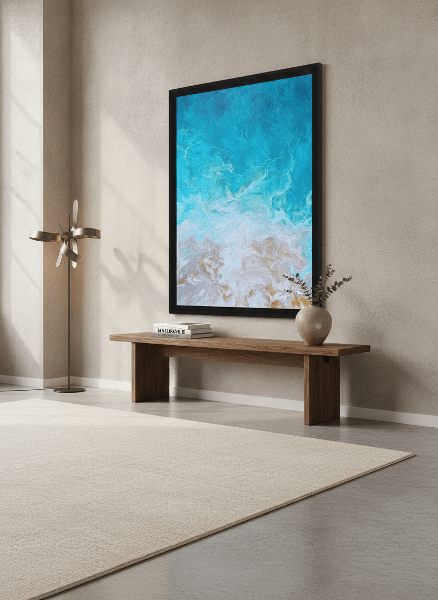 Monumental artwork centred on a feature wall in a luxe interior