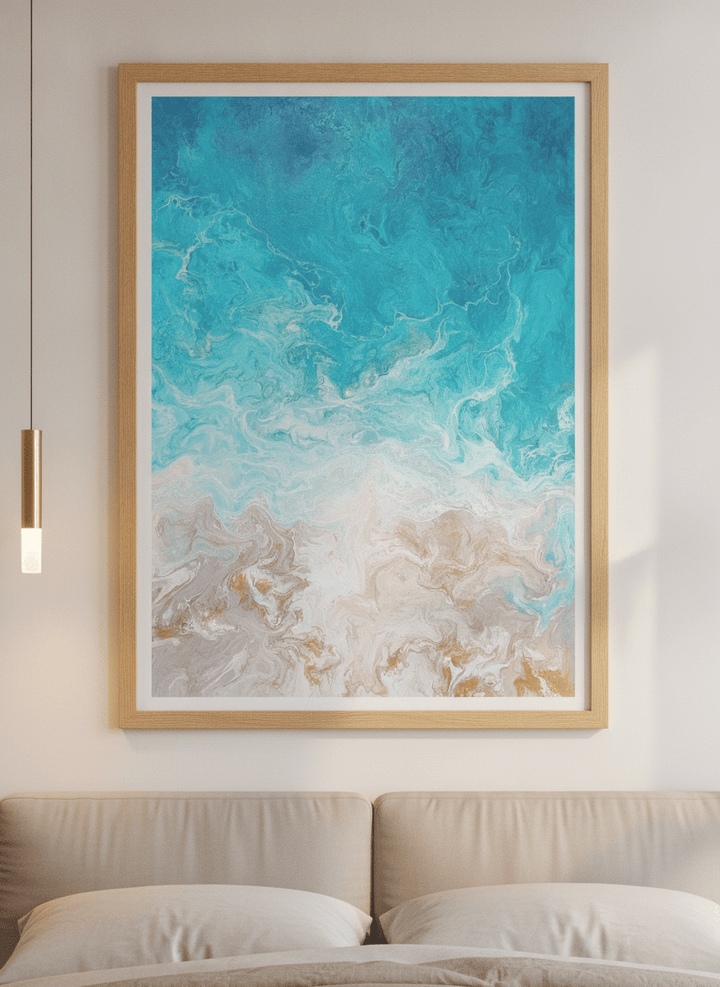 Minimalist artwork displayed in a calm, light-filled bedroom interior