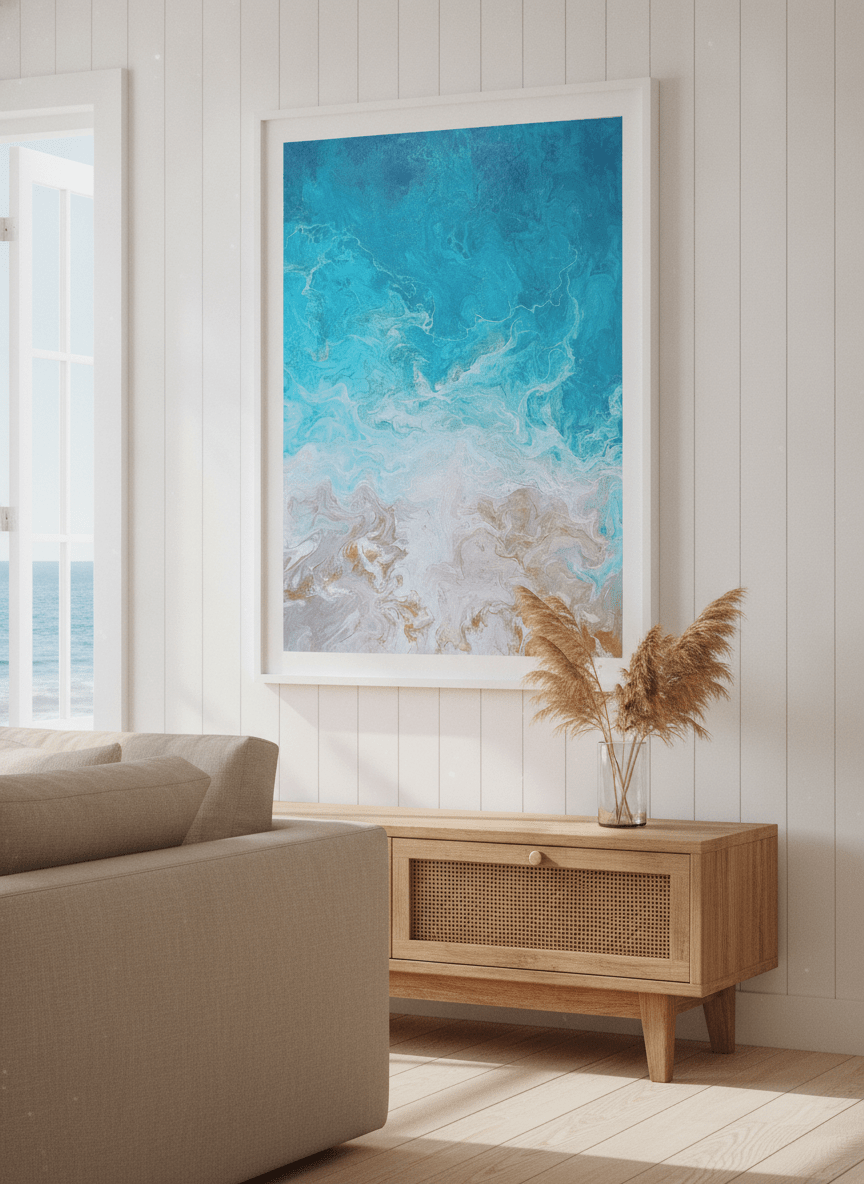 Neutral wall art displayed in a sunny coastal beach house