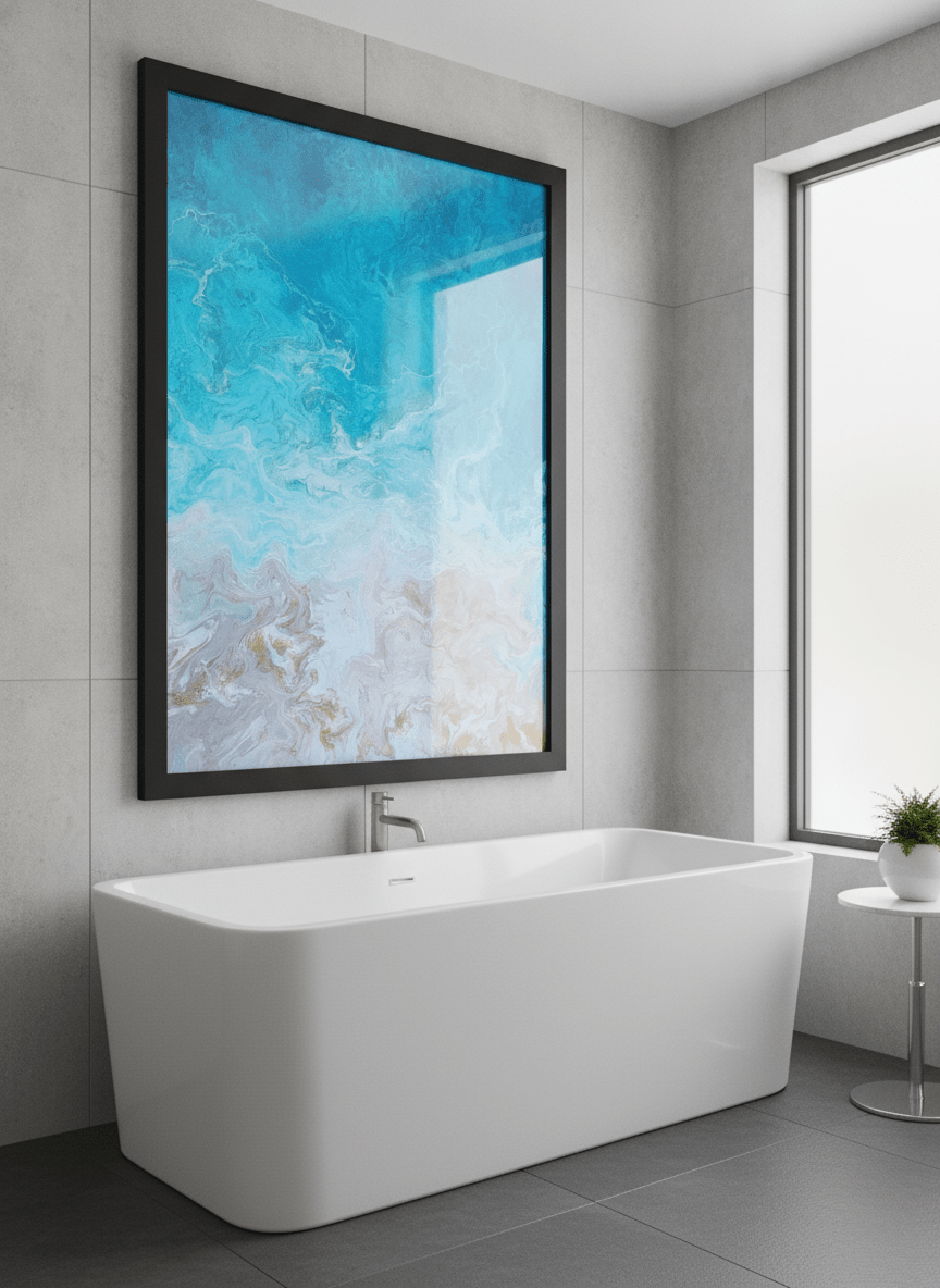 Modern print displayed in a clean minimalist bathroom setting
