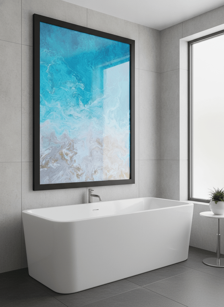 Modern print displayed in a clean minimalist bathroom setting