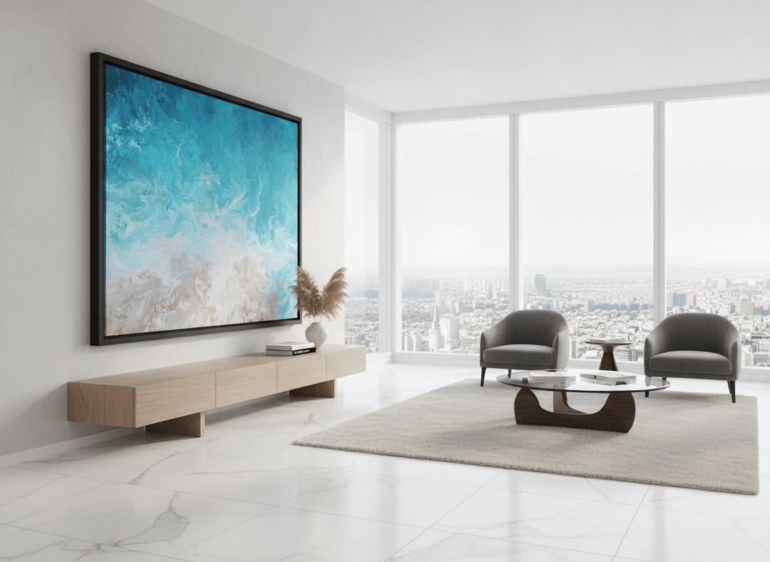 Monumental artwork centred on a feature wall in a luxe interior