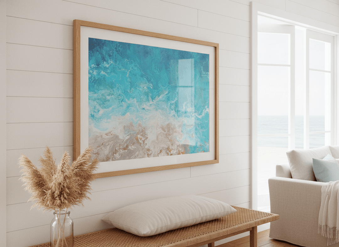 Neutral wall art displayed in a sunny coastal beach house