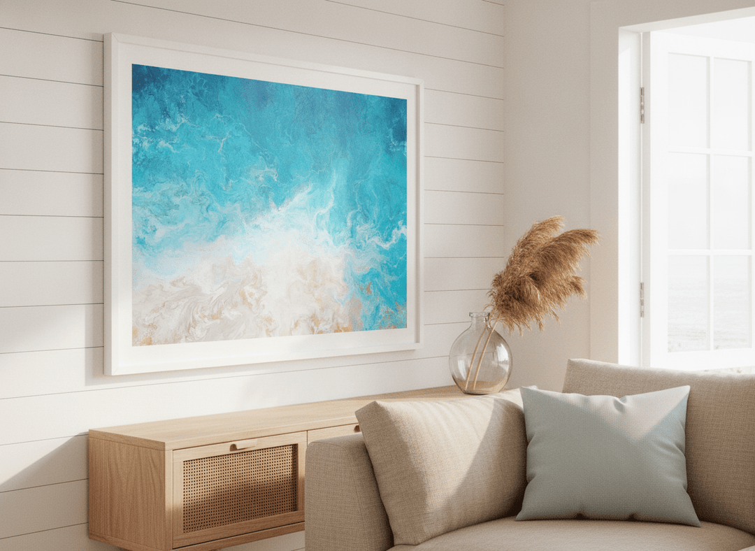 Neutral wall art displayed in a sunny coastal beach house