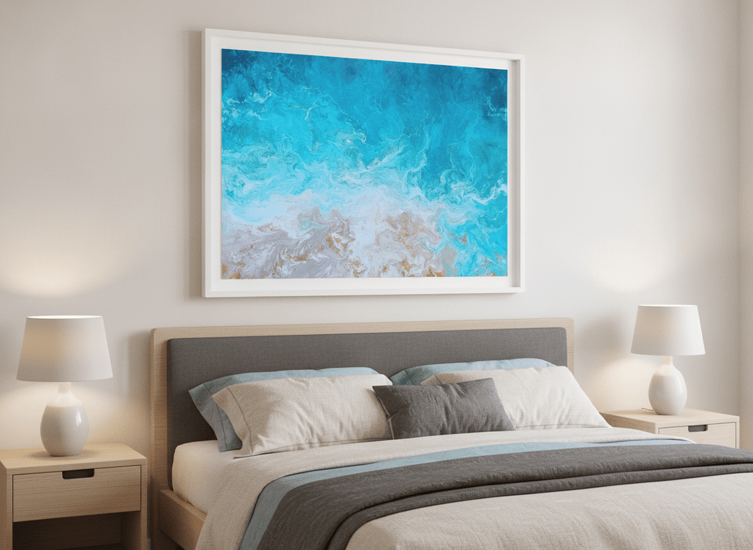 Minimalist artwork displayed in a calm, light-filled bedroom interior