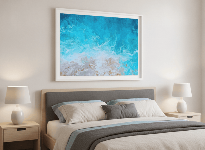 Minimalist artwork displayed in a calm, light-filled bedroom interior