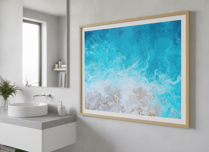 Modern print displayed in a clean minimalist bathroom setting