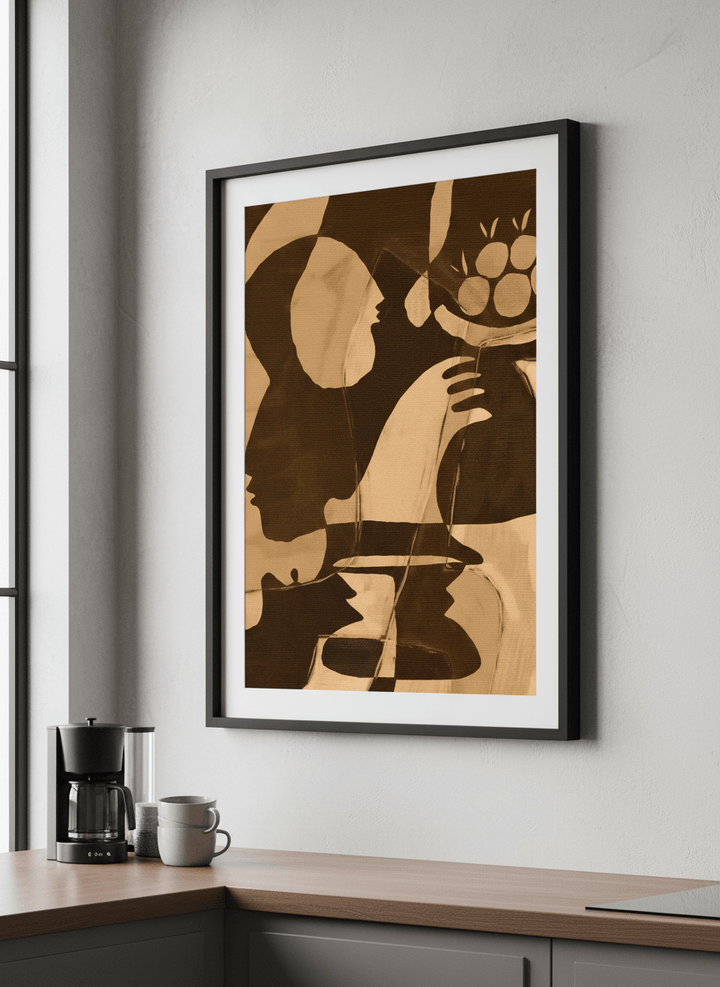 Artwork styled on the wall of a bright modern kitchen