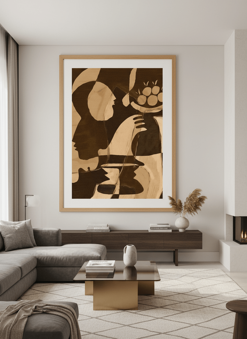 Monumental artwork centred on a feature wall in a luxe interior