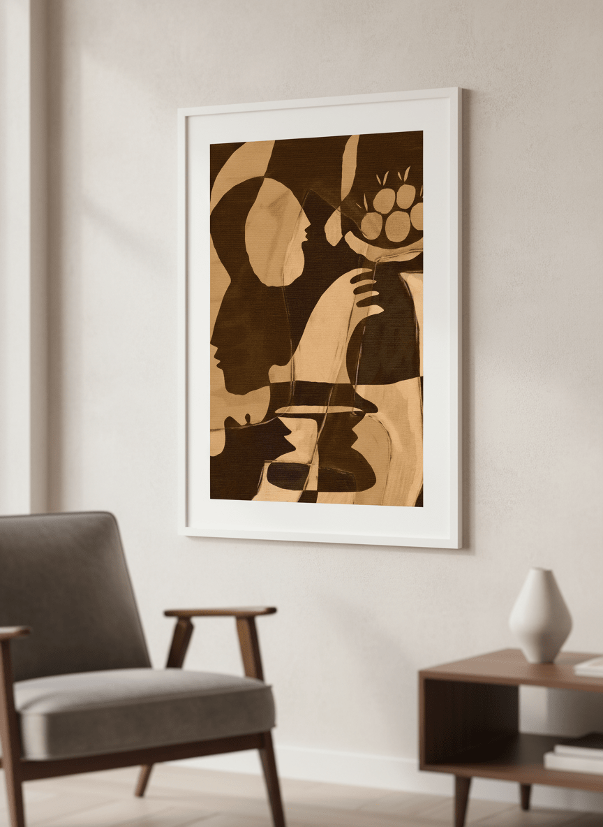 Modern wall art styled above a sofa in a neutral living room