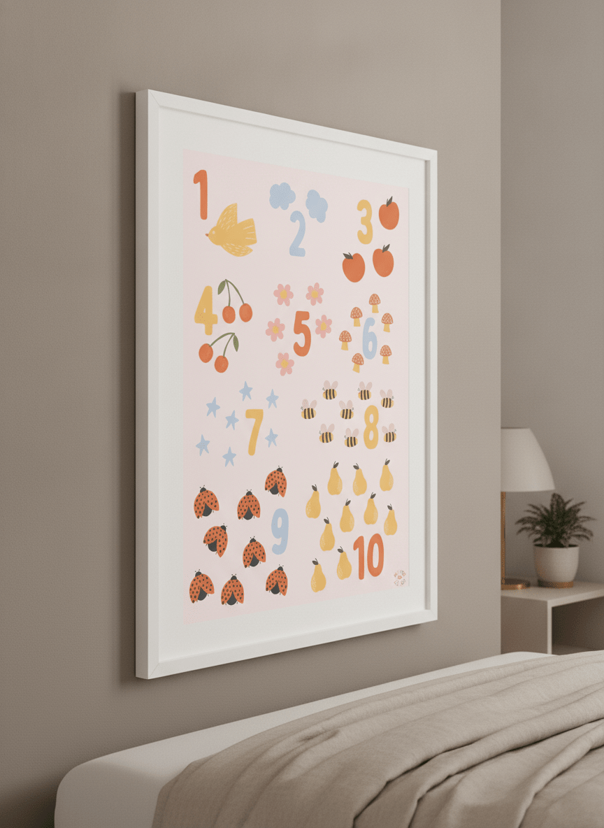 Minimalist artwork displayed in a calm, light-filled bedroom interior