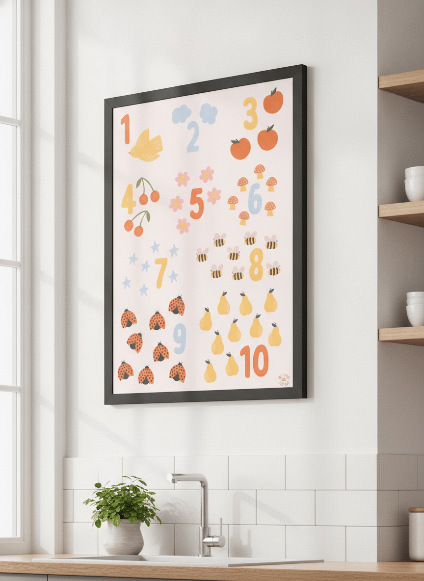 Artwork styled on the wall of a bright modern kitchen