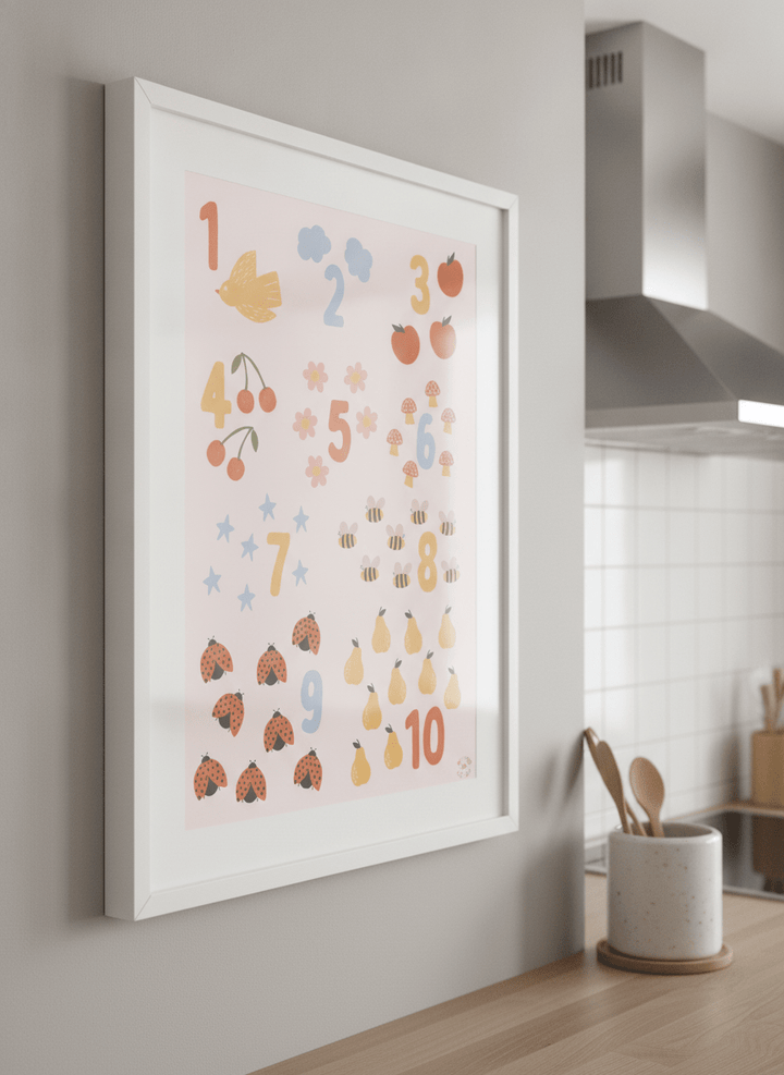 Artwork styled on the wall of a bright modern kitchen